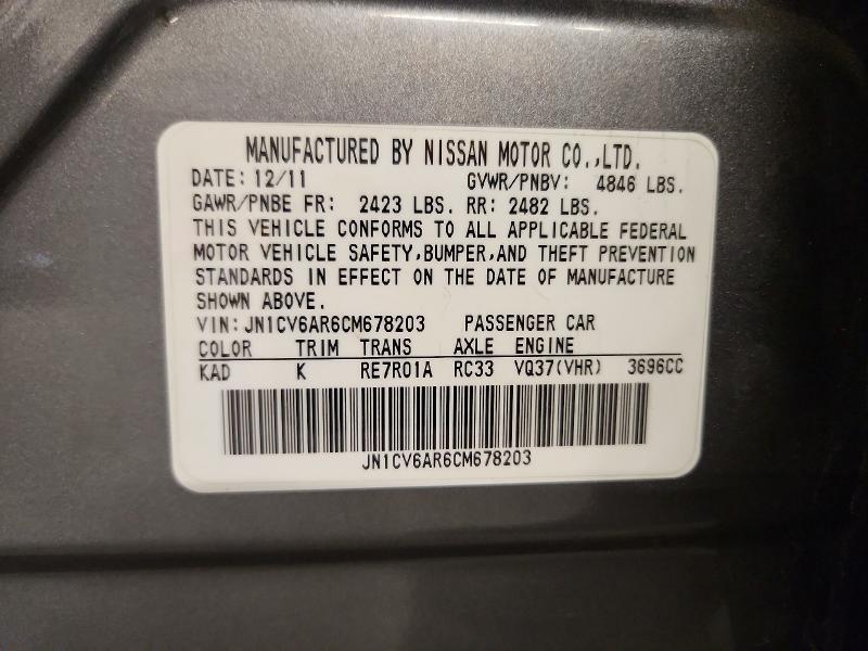 61818126 :رقم المزاد ، JN1CV6AR6CM678203 vin ، 2012 Infiniti G37 مزاد بيع