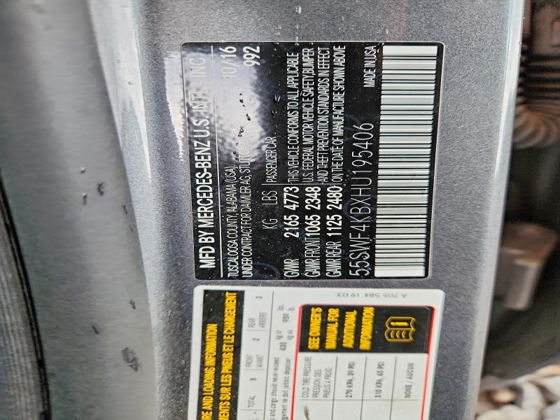 62981066 :رقم المزاد ، 55SWF4KBXHU195406 vin ، 2017 Mercedes-benz C مزاد بيع