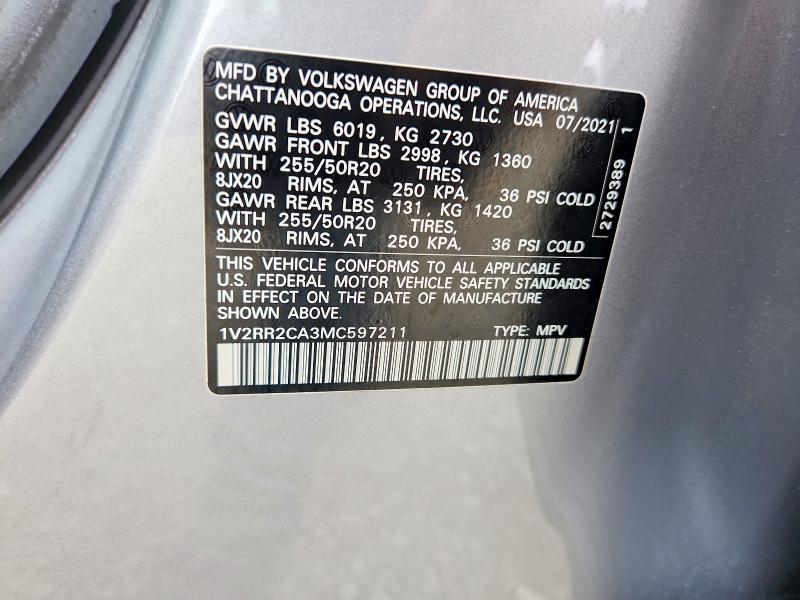 2021 Volkswagen Atlas მანქანა იყიდება აუქციონზე, vin: 1V2RR2CA3MC597211, აუქციონის ნომერი: 60526266