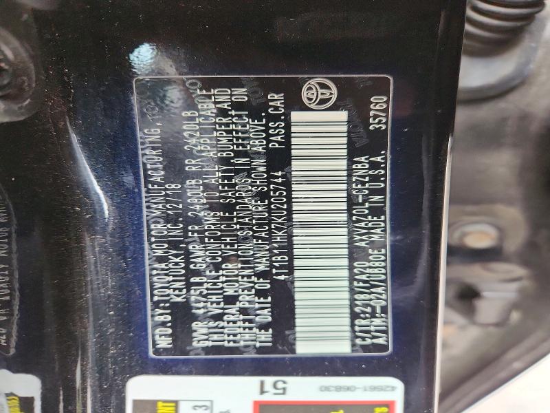 2019 Toyota Camry მანქანა იყიდება აუქციონზე, vin: 4T1B11HK7KU205744, აუქციონის ნომერი: 61410826