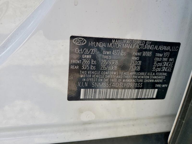 Aukcja sprzedaży 2020 Hyundai Santa Fe, vin: 5NMS53AD3LH297833, numer aukcji: 62228756