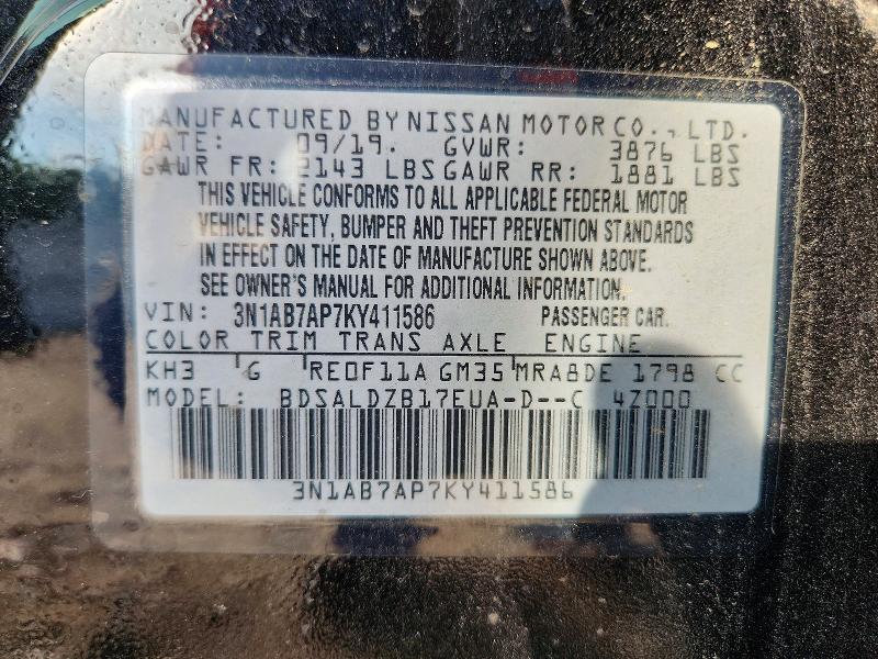Aukcja sprzedaży 2019 Nissan Sentra, vin: 3N1AB7AP7KY411586, numer aukcji: 59787266