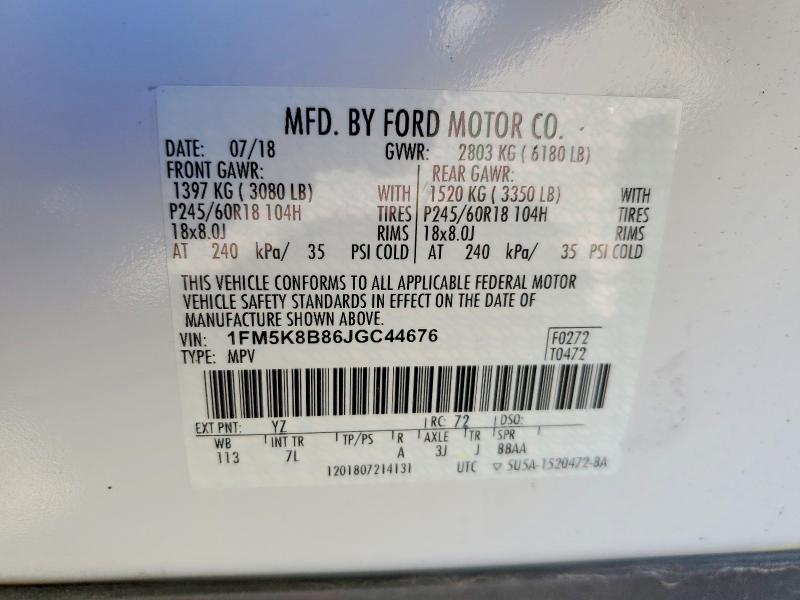 2018 Ford Explorer მანქანა იყიდება აუქციონზე, vin: 1FM5K8B86JGC44676, აუქციონის ნომერი: 63177426