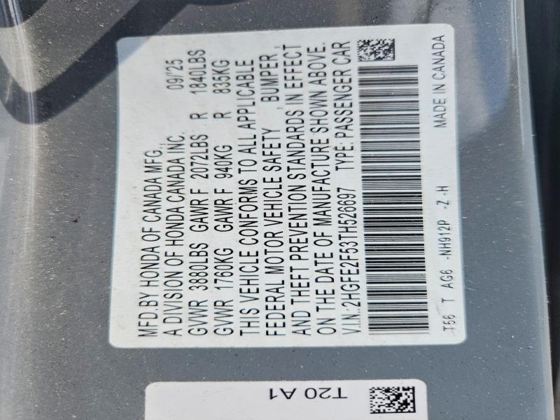 Aukcja sprzedaży 2026 Honda Civic, vin: 2HGFE2F53TH526697, numer aukcji: 59698236