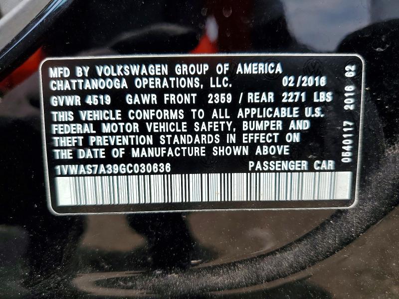 61296386 :رقم المزاد ، 1VWAS7A39GC030636 vin ، 2016 Volkswagen Passat مزاد بيع