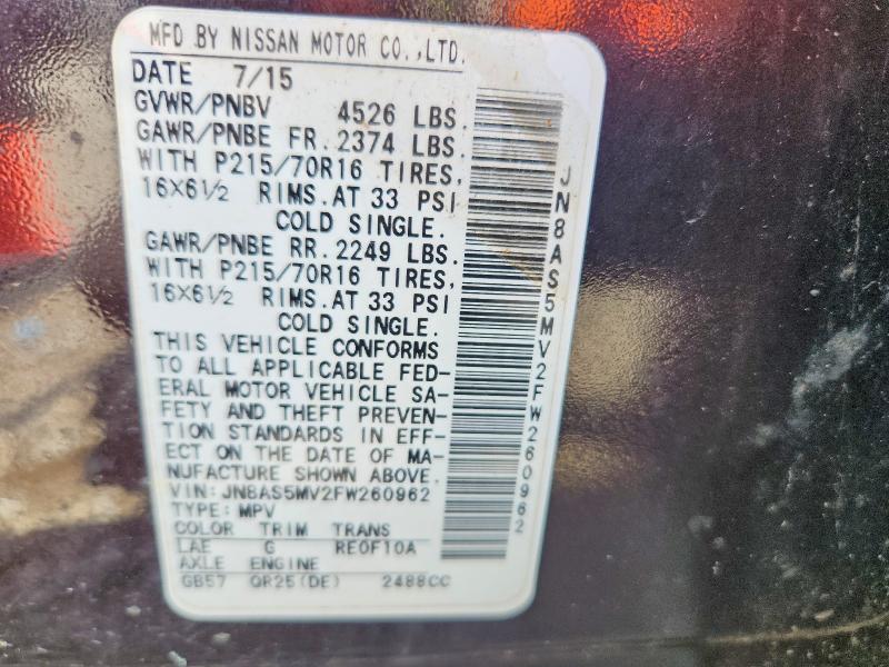 62961916 :رقم المزاد ، JN8AS5MV2FW260962 vin ، 2015 Nissan Rogue Select مزاد بيع
