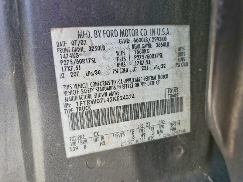 2002 Ford F150 მანქანა იყიდება აუქციონზე, vin: 1FTRW07L42KE24374, აუქციონის ნომერი: 59148076