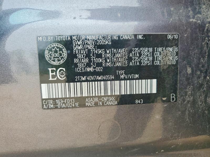 2010 Toyota Rav4 მანქანა იყიდება აუქციონზე, vin: 2T3WF4DV7AW040594, აუქციონის ნომერი: 60833376