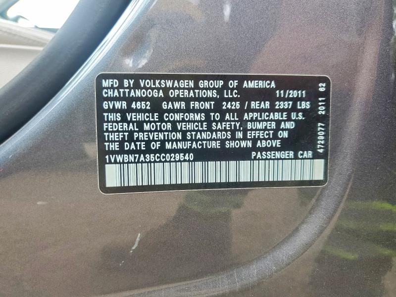 Продажа на аукционе авто 2012 Volkswagen Passat, vin: 1VWBN7A35CC029540, номер лота: 85978545