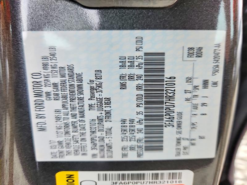 59283886 :رقم المزاد ، 3FA6P0PU7HR321016 vin ، 2017 Ford Fusion مزاد بيع