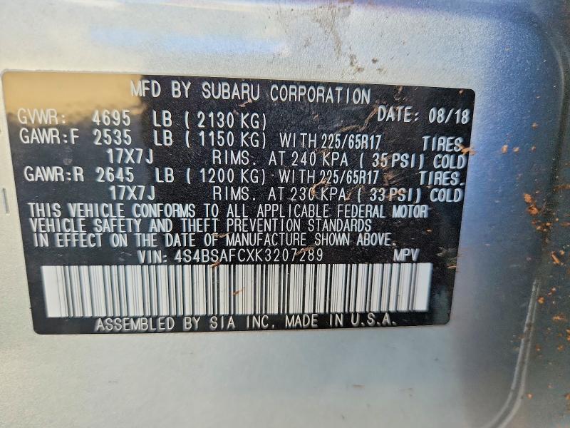 Aukcja sprzedaży 2019 Subaru Outback, vin: 4S4BSAFCXK3207289, numer aukcji: 60718946