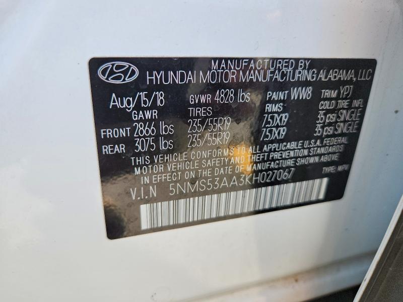 2019 Hyundai Santa Fe მანქანა იყიდება აუქციონზე, vin: 5NMS53AA3KH027067, აუქციონის ნომერი: 60705126