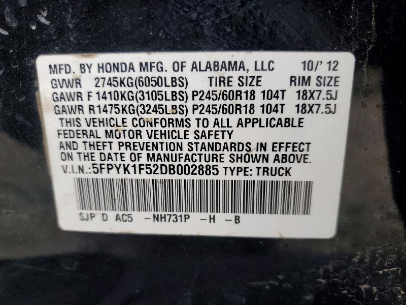 57974136 :رقم المزاد ، 5FPYK1F52DB002885 vin ، 2013 Honda Ridgeline مزاد بيع