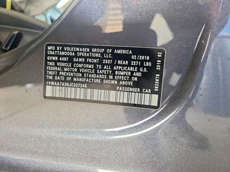 2018 Volkswagen Passat მანქანა იყიდება აუქციონზე, vin: 1VWAA7A39JC027245, აუქციონის ნომერი: 60673186