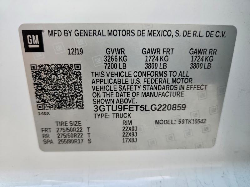 Продаж на аукціоні авто 2020 Gmc Sierra, vin: 3GTU9FET5LG220859, номер лоту: 59142816