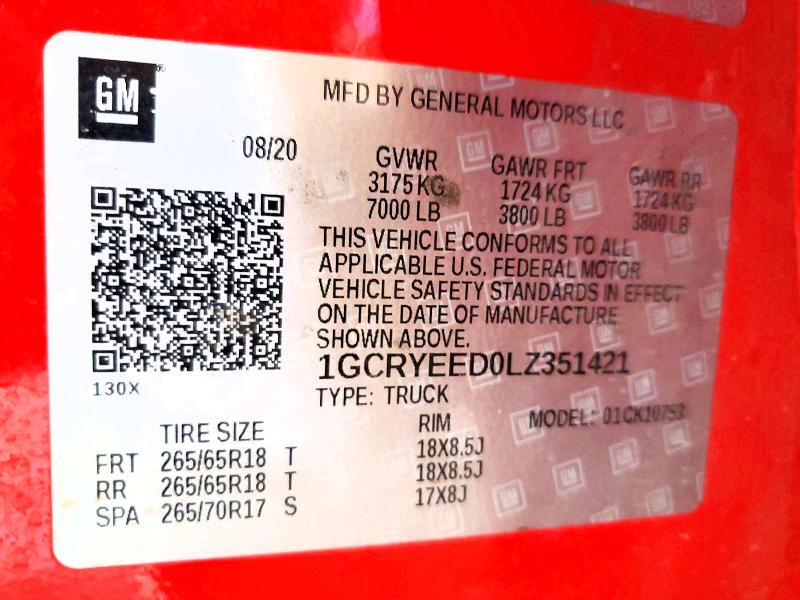 Продажа на аукционе авто 2020 Chevrolet Silverado, vin: 1GCRYEED0LZ351421, номер лота: 60710416