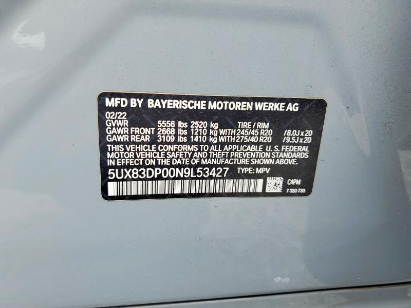 Aukcja sprzedaży 2022 Bmw X3, vin: 5UX83DP00N9L53427, numer aukcji: 59196946
