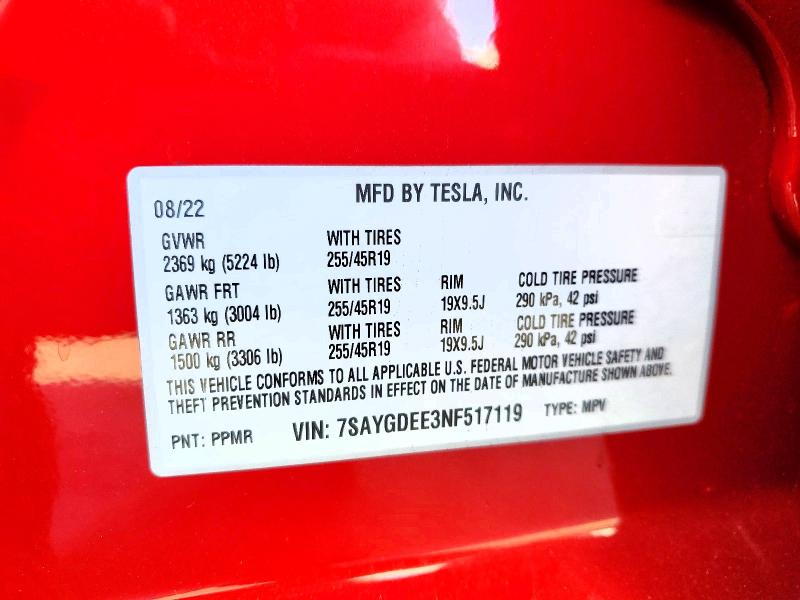 Продажа на аукционе авто 2022 Tesla Model Y, vin: 7SAYGDEE3NF517119, номер лота: 61191866
