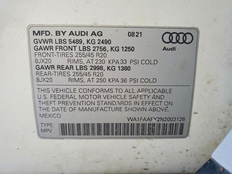 60561726 :رقم المزاد ، WA1FAAFY2N2003126 vin ، 2022 Audi Q5 مزاد بيع