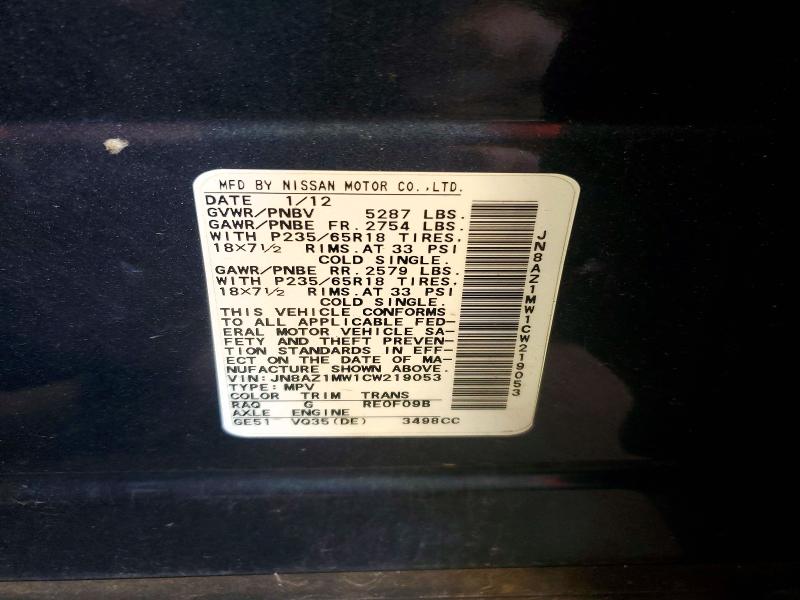 Aukcja sprzedaży 2012 Nissan Murano, vin: JN8AZ1MW1CW219053, numer aukcji: 58222536