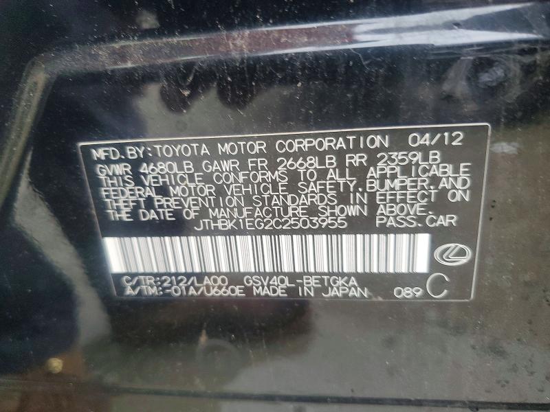 Продажа на аукционе авто 2012 Lexus Es, vin: JTHBK1EG2C2503955, номер лота: 59283636