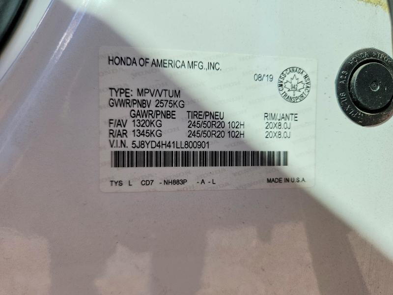 60137736 :رقم المزاد ، 5J8YD4H41LL800901 vin ، 2020 Acura Mdx مزاد بيع