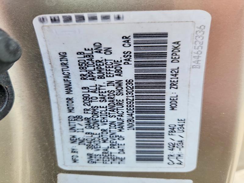 61750056 :رقم المزاد ، 1NXBU40E69Z130236 vin ، 2009 Toyota Corolla مزاد بيع