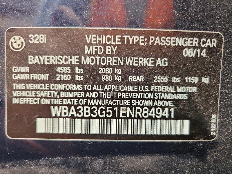 2014 Bmw 328 მანქანა იყიდება აუქციონზე, vin: WBA3B3G51ENR84941, აუქციონის ნომერი: 61159496
