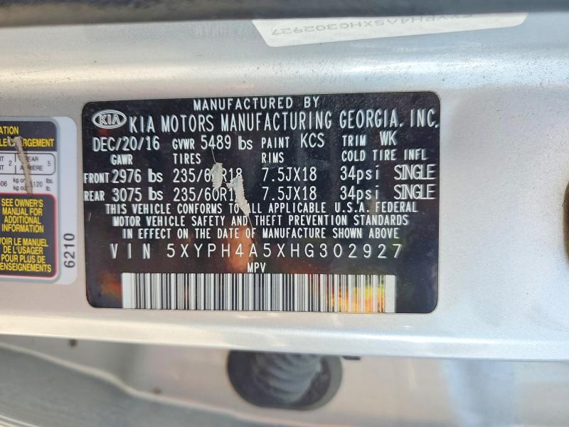 62116276 :رقم المزاد ، 5XYPH4A5XHG302927 vin ، 2017 Kia Sorento مزاد بيع