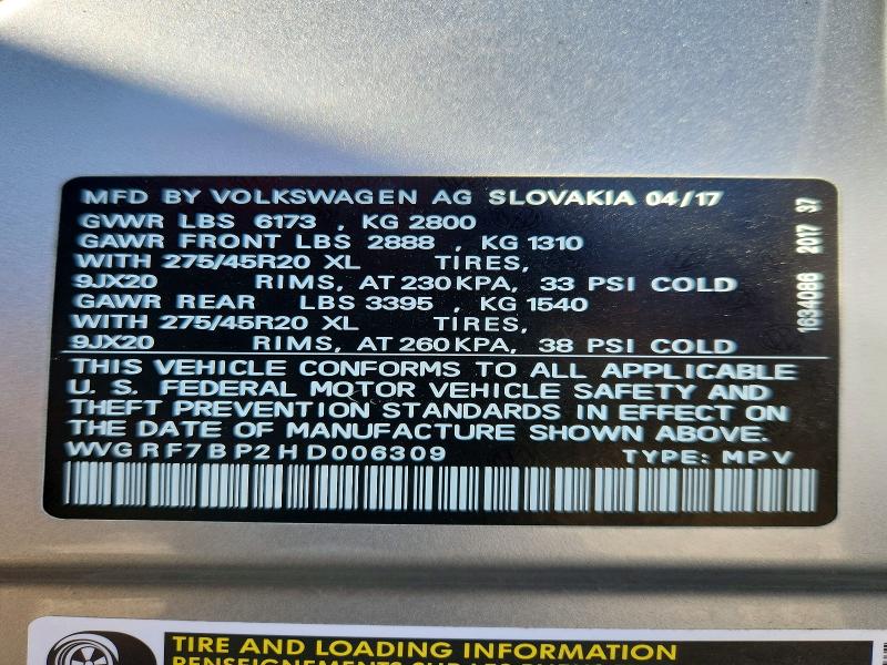 Продажа на аукционе авто 2017 Volkswagen Touareg, vin: WVGRF7BP2HD006309, номер лота: 62092056