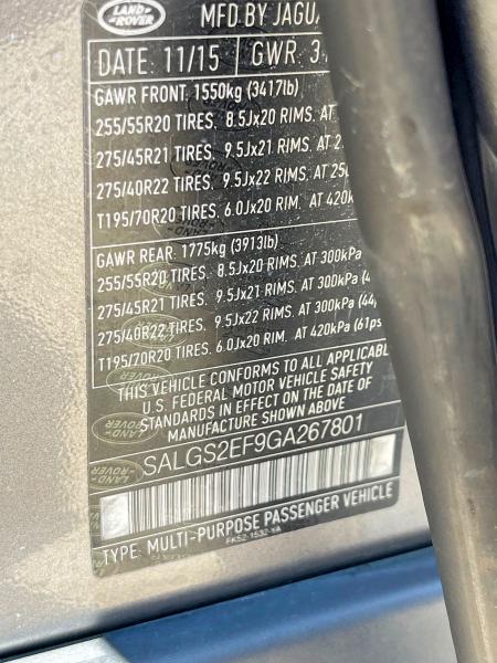 2016 Land Rover Range Rover მანქანა იყიდება აუქციონზე, vin: SALGS2EF9GA267801, აუქციონის ნომერი: 60810476