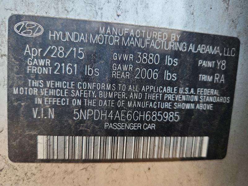 62740546 :رقم المزاد ، 5NPDH4AE6GH685985 vin ، 2016 Hyundai Elantra مزاد بيع
