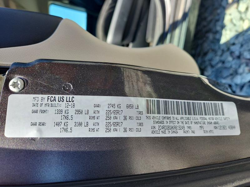61033926 :رقم المزاد ، 2C4RDGBG0KR615249 vin ، 2019 Dodge Grand Caravan مزاد بيع