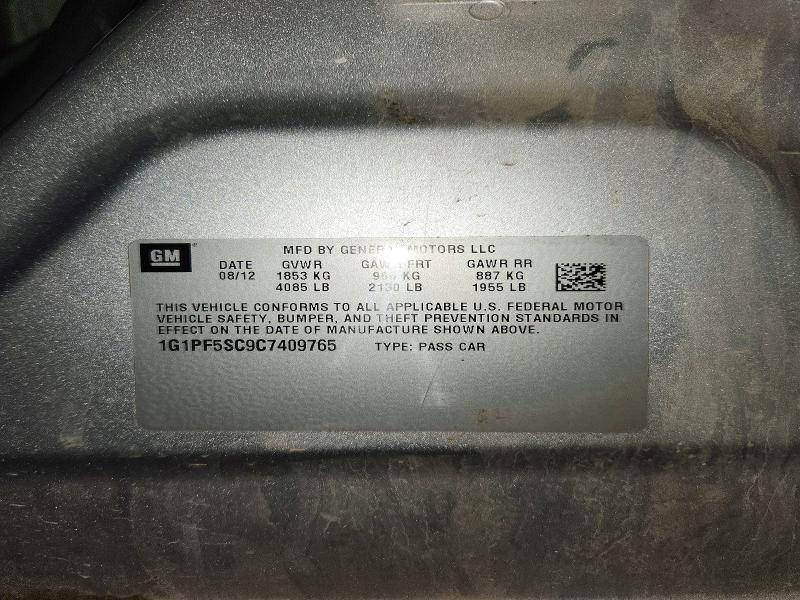 61193746 :رقم المزاد ، 1G1PF5SC9C7409765 vin ، 2012 Chevrolet Cruze مزاد بيع