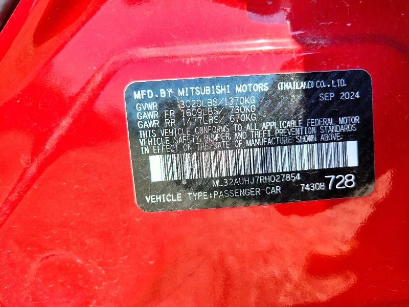2024 Mitsubishi Mirage მანქანა იყიდება აუქციონზე, vin: ML32AUHJ7RH027854, აუქციონის ნომერი: 60174946