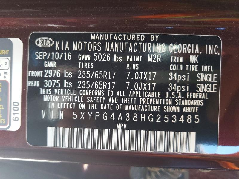 2017 Kia Sorento მანქანა იყიდება აუქციონზე, vin: 5XYPG4A38HG253485, აუქციონის ნომერი: 60838936