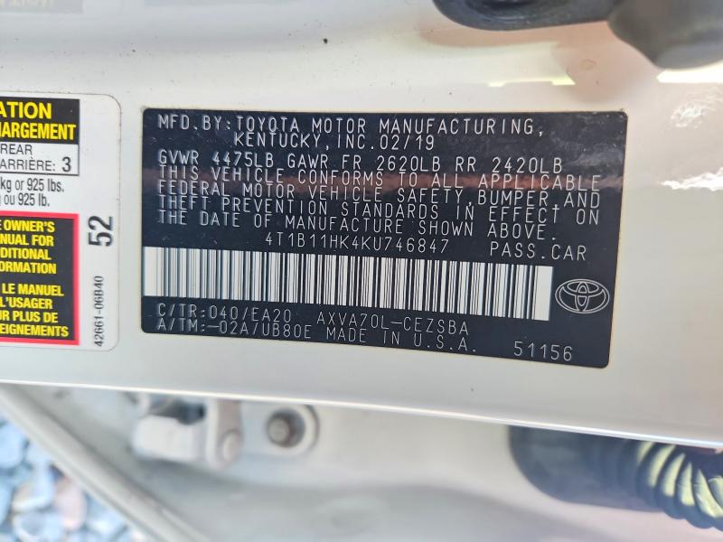 2019 Toyota Camry მანქანა იყიდება აუქციონზე, vin: 4T1B11HK4KU746847, აუქციონის ნომერი: 59351346