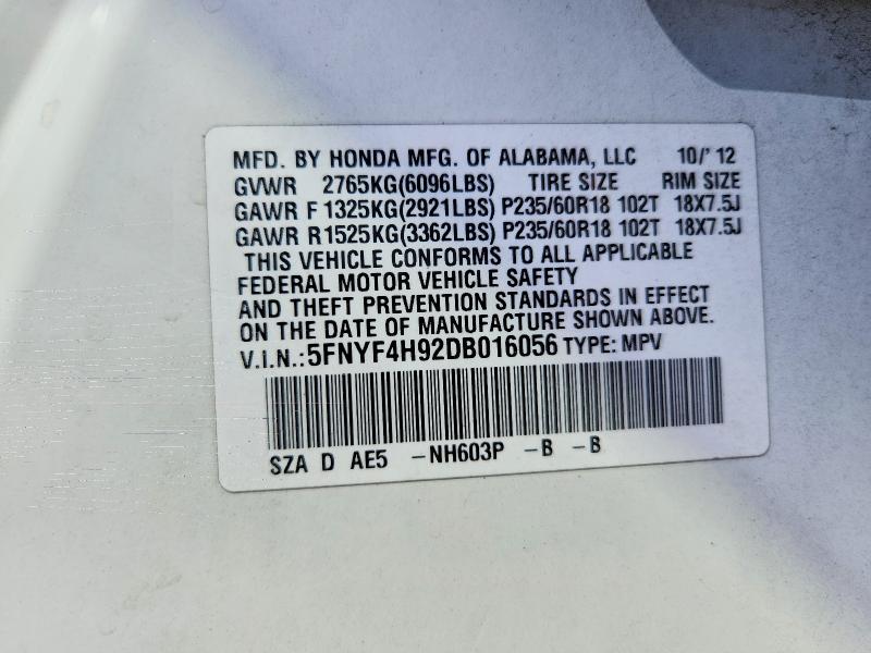 61041686 :رقم المزاد ، 5FNYF4H92DB016056 vin ، 2013 Honda Pilot مزاد بيع