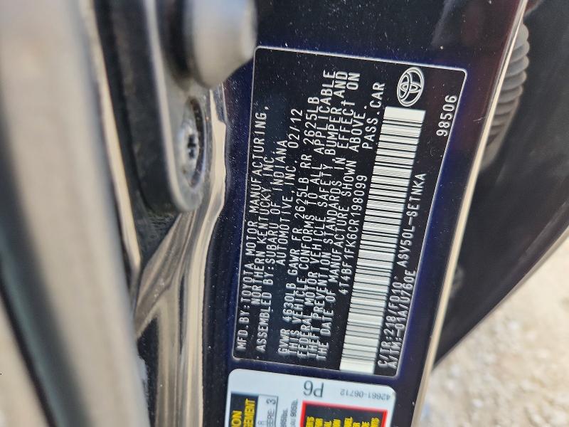 2012 Toyota Camry მანქანა იყიდება აუქციონზე, vin: 4T4BF1FK6CR198099, აუქციონის ნომერი: 61585436