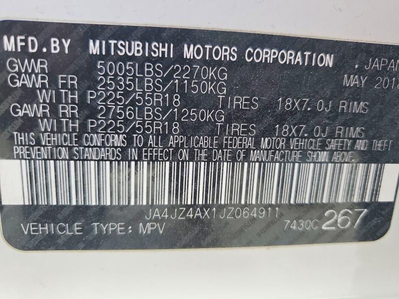 52460586 :رقم المزاد ، JA4JZ4AX1JZ064911 vin ، 2018 Mitsubishi Outlander مزاد بيع