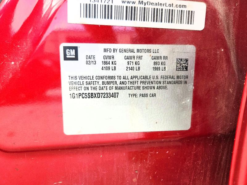 2013 Chevrolet Cruze მანქანა იყიდება აუქციონზე, vin: 1G1PC5SBXD7233407, აუქციონის ნომერი: 61614806