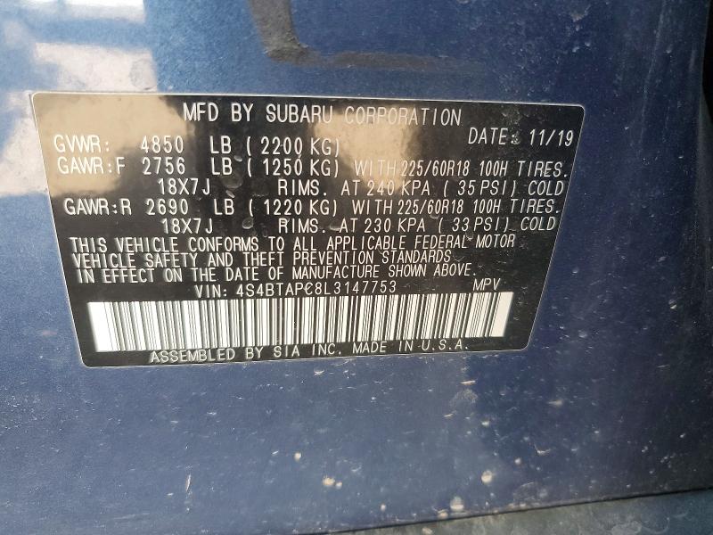 59597856 :رقم المزاد ، 4S4BTAPC8L3147753 vin ، 2020 Subaru Outback مزاد بيع