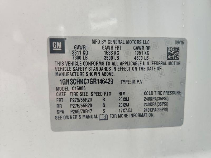 2016 Chevrolet Suburban მანქანა იყიდება აუქციონზე, vin: 1GNSCHKC7GR146429, აუქციონის ნომერი: 59781586