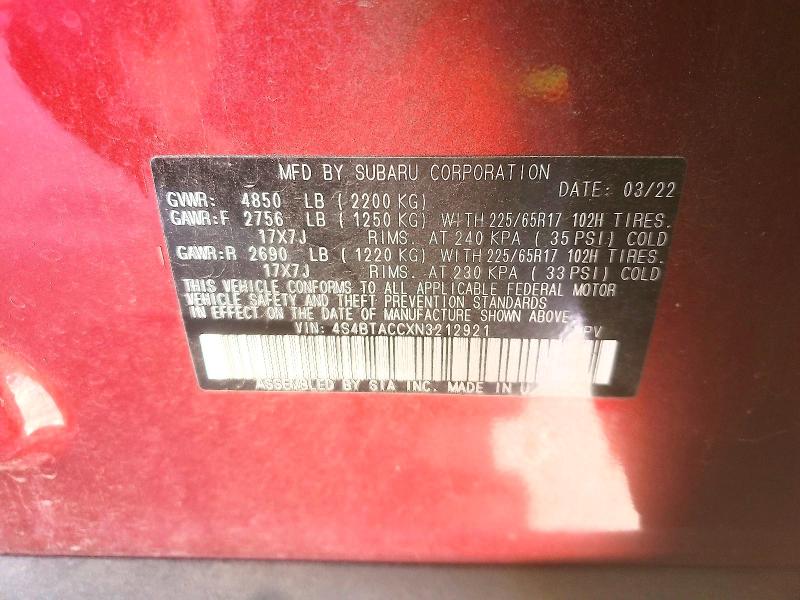 2022 Subaru Outback მანქანა იყიდება აუქციონზე, vin: 4S4BTACCXN3212921, აუქციონის ნომერი: 59198796