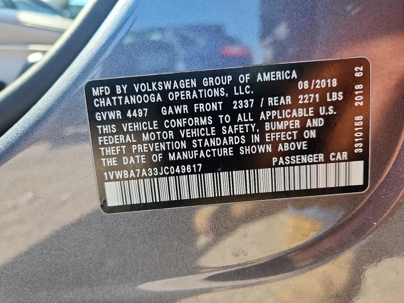 Продажа на аукционе авто 2018 Volkswagen Passat, vin: 1VWBA7A33JC049617, номер лота: 59721706