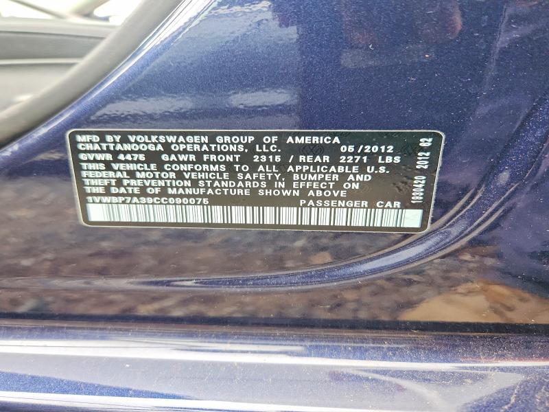 60230976 :رقم المزاد ، 1VWBP7A39CC090075 vin ، 2012 Volkswagen Passat مزاد بيع