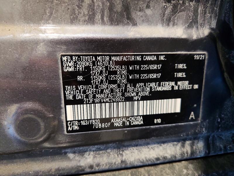 Продаж на аукціоні авто 2021 Toyota Rav4, vin: 2T3F1RFV4MC249922, номер лоту: 58761986