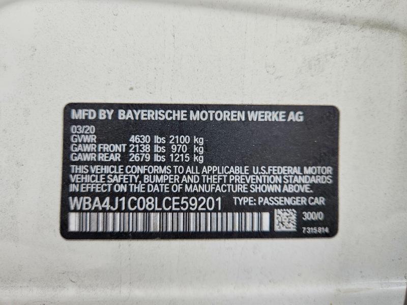 61771566 :رقم المزاد ، WBA4J1C08LCE59201 vin ، 2020 Bmw 430i مزاد بيع