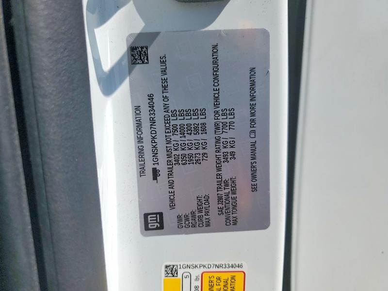 Aukcja sprzedaży 2022 Chevrolet Tahoe, vin: 1GNSKPKD7NR334046, numer aukcji: 61313546