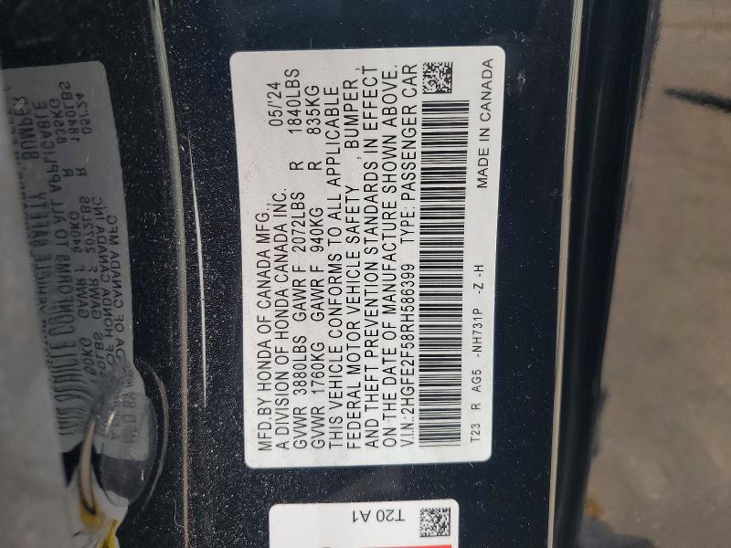 Продажа на аукционе авто 2024 Honda Civic, vin: 2HGFE2F58RH586399, номер лота: 61228276